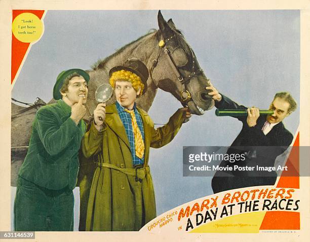 From left to right, comic actors Chico, Harpo and Groucho Marx star in the 1937 Marx Brothers comedy 'A Day at the Races', directed by Sam Wood for...