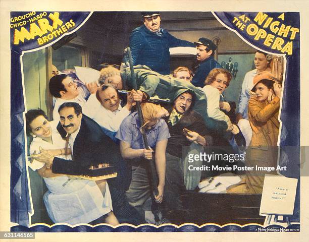 Comic actors Chico, Harpo and Groucho Marx star in the 1935 Marx Brothers comedy 'A Night at the Opera', directed by Sam Wood for MGM.