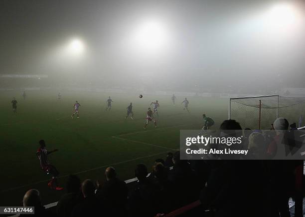 General view at the Wham Stadium is seen through the fog during the Emirates FA Cup Third Round match between Accrington Stanley and Luton Town at...
