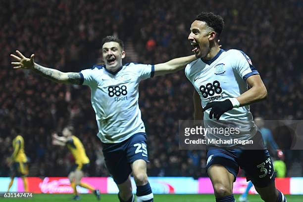 Callum Robinson of Preston North End celebrates scoring the opening goal during the Emirates FA Cup Third Round match between Preston North End and...