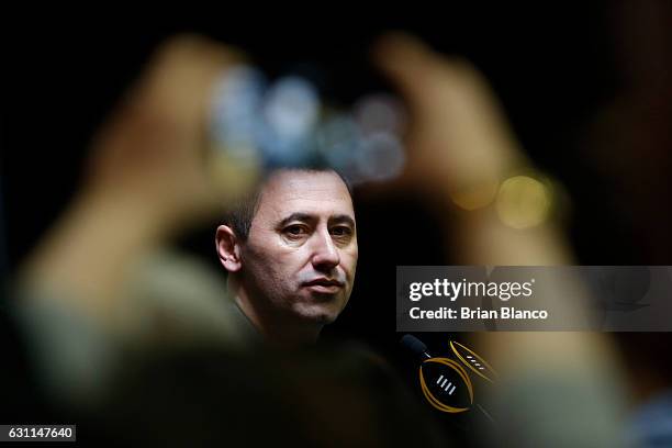 Offensive coordinator Steve Sarkisian of the Alabama Crimson Tide speaks to the media during the College Football Playoff National Championship Media...