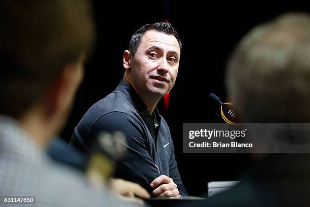 Offensive coordinator Steve Sarkisian of the Alabama Crimson Tide speaks to the media during the College Football Playoff National Championship Media...