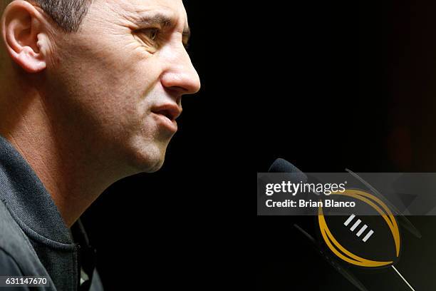 Offensive coordinator Steve Sarkisian of the Alabama Crimson Tide speaks to the media during the College Football Playoff National Championship Media...