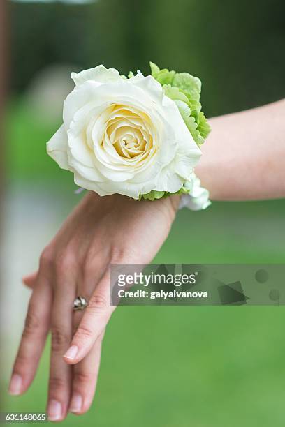 rose corsage on a woman's hand - corsage imagens e fotografias de stock