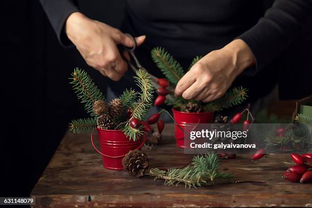 making christmas decoration from rosehip, pine cones and fir branches - christmas font photos et images de collection