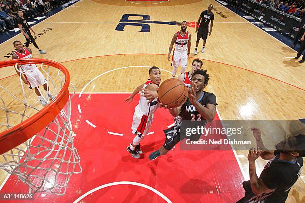 Andrew Wiggins of the Minnesota Timberwolves drives to the basket against the Washington Wizards on January 6, 2017 at Verizon Center in Washington,...