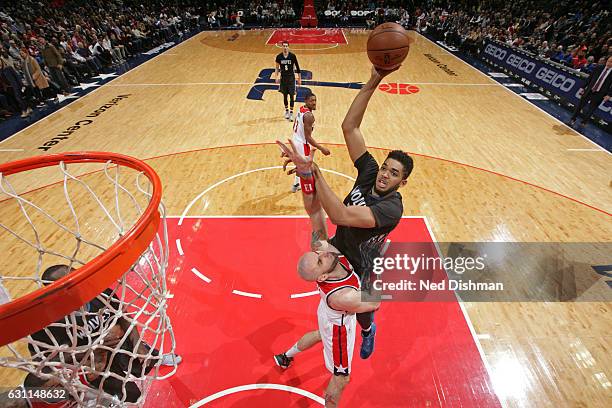 Karl-Anthony Towns of the Minnesota Timberwolves shoots the ball during the game against the Washington Wizards on January 6, 2017 at Verizon Center...