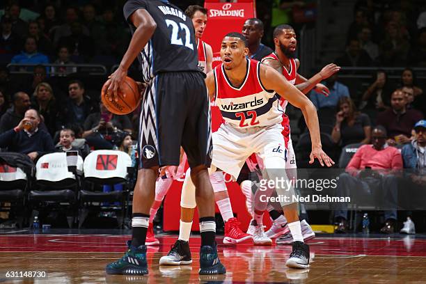 Otto Porter Jr. #22 of the Washington Wizards plays defense against Andrew Wiggins of the Minnesota Timberwolves on January 6, 2017 at Verizon Center...