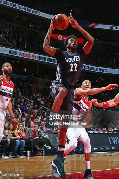 Andrew Wiggins of the Minnesota Timberwolves drives to the basket against the Washington Wizards on January 6, 2017 at Verizon Center in Washington,...
