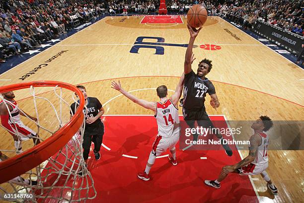 Andrew Wiggins of the Minnesota Timberwolves drives to the basket and shoots the ball against the Washington Wizards on January 6, 2017 at Verizon...