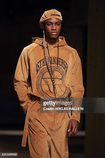 Model presents a creation by fashion designer Astrid Andersen on the second day of the Autumn/Winter 2017 London Fashion Week Men's fashion event in...