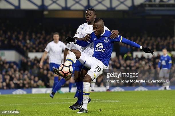 Enner Valencia of Everton and Nampalys Mendy of Leicester challenge for the ball during The Emirates FA Cup Third Round match between Everton and...