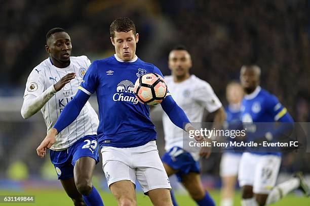 Ross Barkley of Everton and Wilfred Ndidi of Leicester challenge for the ball during The Emirates FA Cup Third Round match between Everton and...