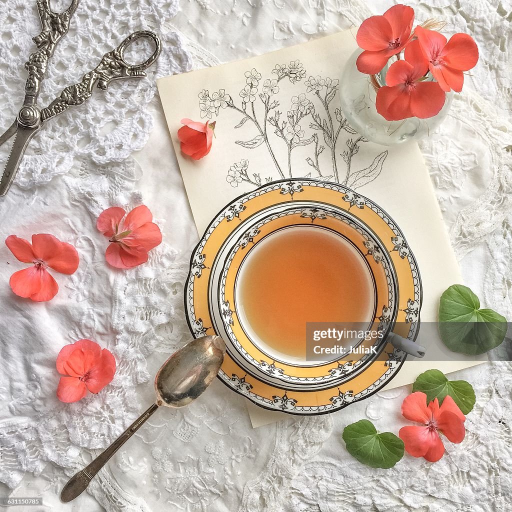 Teacup, geranium flowers, scissors and floral sketch