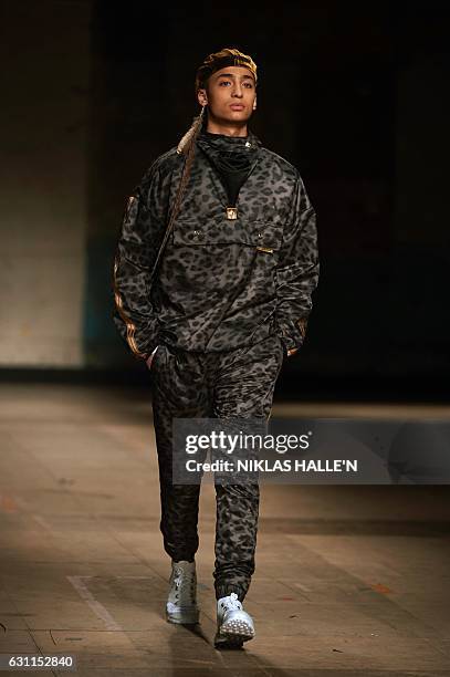 Model presents a creation by fashion designer Astrid Andersen on the second day of the Autumn/Winter 2017 London Fashion Week Men's fashion event in...