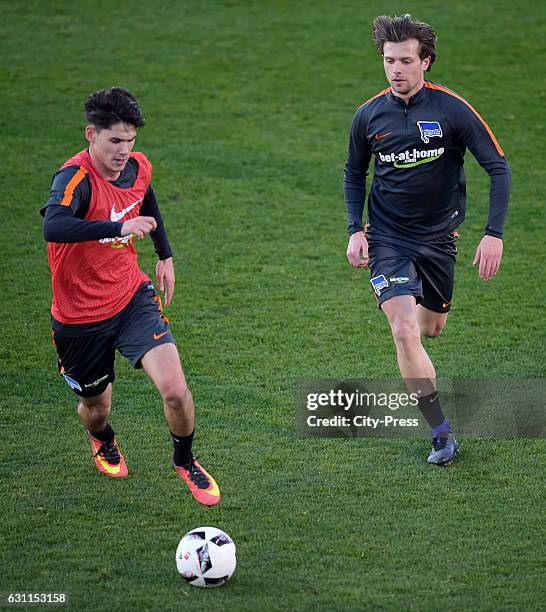 Ugur Tezel and Valentin Stocker of Hertha BSC during the game between the Schwenninger Wild Wings against die Adler Mannheim beim 3. DEL Wintergame...