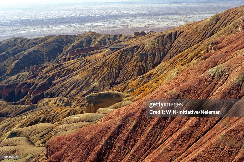 High angle view of a mountain range, Cretaceous Mountains, Aktau, Mangystau Province, Altyn Emel National Park, Almaty Region, Kazakhstan