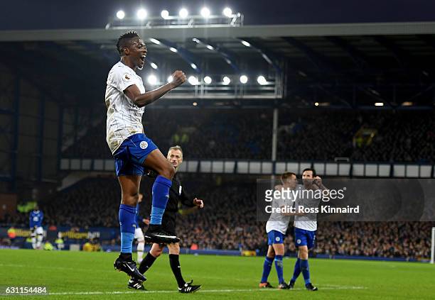 Ahmed Musa of Leicester City celebrates scoring his sides second goal during the Emirates FA Cup third round match between Everton and Leicester City...