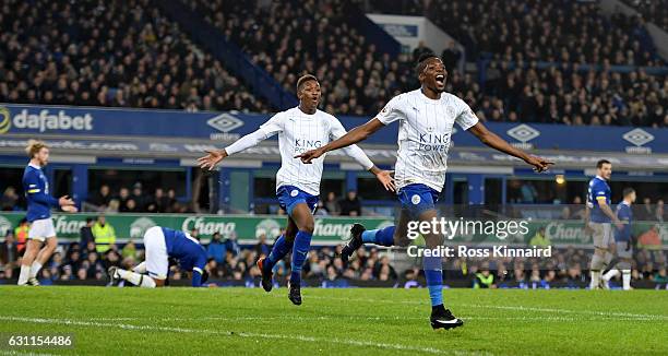 Ahmed Musa of Leicester City celebrates scoring his sides second goal during the Emirates FA Cup third round match between Everton and Leicester City...