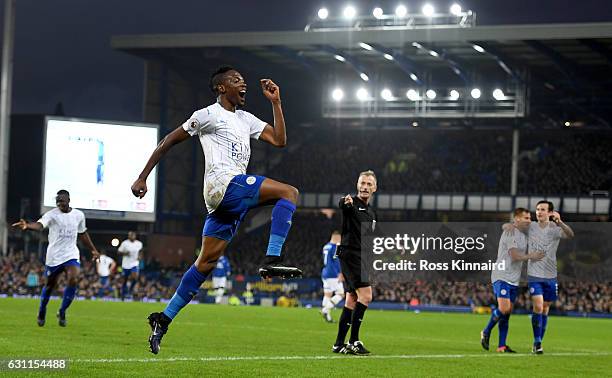 Ahmed Musa of Leicester City celebrates scoring his sides second goal during the Emirates FA Cup third round match between Everton and Leicester City...