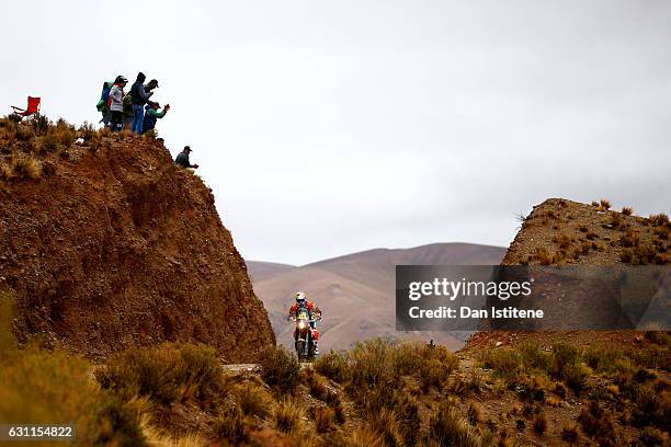 Matthias Walkner of Austria and Red Bull KTM rides a 450 Rally Replica KTM bike in the Elite ASO during stage five of the 2017 Dakar Rally between...