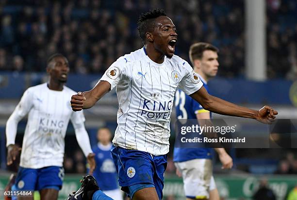 Ahmed Musa of Leicester City celebrates scoring his sides first goal during the Emirates FA Cup third round match between Everton and Leicester City...