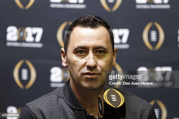 Offensive Coordinator Steve Sarkisian of the Alabama Crimson Tide addresses the media during Media Day before the College Football Playoff National...