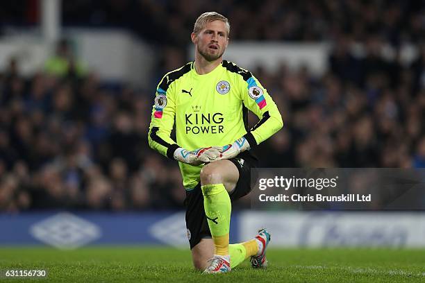 Kasper Schmeichel of Leicester City looks on during the Emirates FA Cup Third Round match between Everton and Leicester City at Goodison Park on...