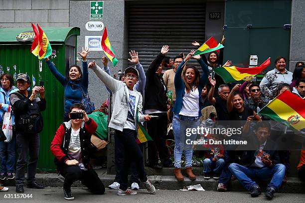 Fans line the streets to greet the riders and drivers after stage six of the 2017 Dakar Rally between Oruro and La Paz was cancelled due to weather...