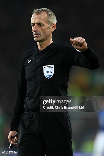 Referee Martin Atkinson gestures during the Emirates FA Cup Third Round match between Everton and Leicester City at Goodison Park on January 7, 2017...