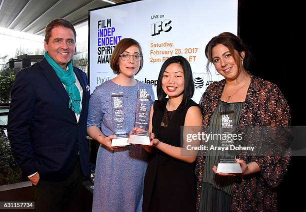 President of Film Independent, Josh Welsh, filmmakers Anna Rose Holmer, winner of Kiehls Someone to Watch Award, Nanfu Wang, winner of the Truer...