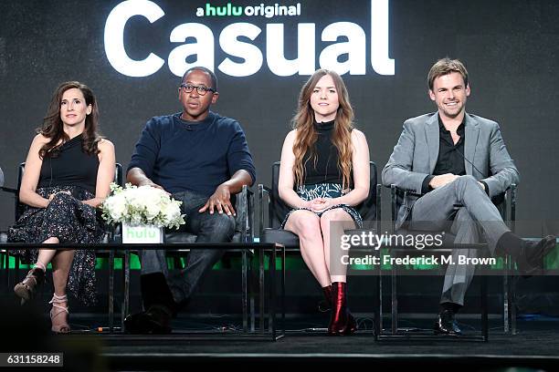 Actors Michaela Watkins, Nyasha Hatendi, Tara Lynne Barr, and Tommy Dewey from Hulu's Original Series 'Casual' speak onstage during Hulu's 2017...