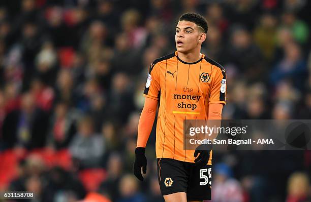 Morgan Gibbs-White of Wolverhampton Wanderers making his debut at the age of 16 during The Emirates FA Cup Third Round match between Stoke City and...