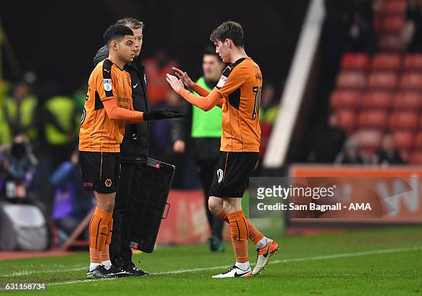 Morgan Gibbs-White of Wolverhampton Wanderers making his debut at the age of 16 as a substitute for Joe Mason of Wolverhampton Wanderers during The...