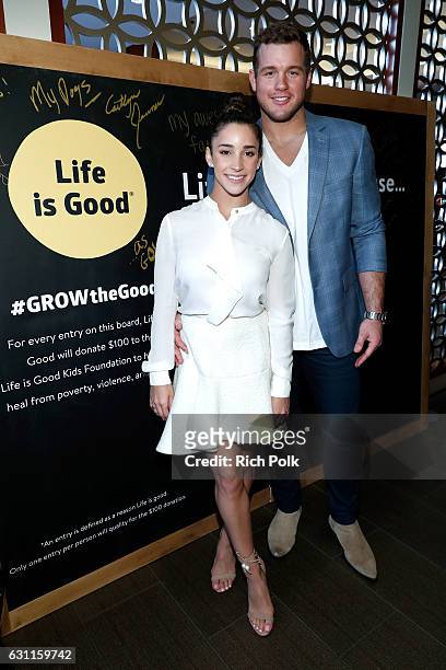 Player Colton Underwood and Olympic athlete Aly Raisman attend Life is Good at GOLD MEETS GOLDEN Event at Equinox on January 7, 2017 in Los Angeles,...