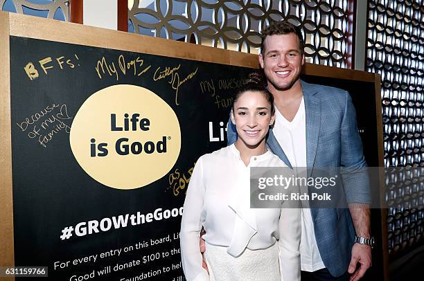 Player Colton Underwood and Olympic athlete Aly Raisman attend Life is Good at GOLD MEETS GOLDEN Event at Equinox on January 7, 2017 in Los Angeles,...