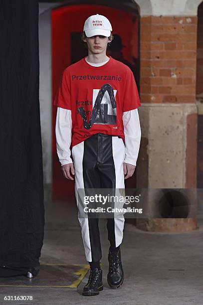 Model walks the runway at the Agi & Sam Autumn Winter 2017 fashion show during London Menswear Fashion Week on January 7, 2017 in London, United...