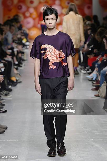 Model walks the runway at the Katie Eary Autumn Winter 2017 fashion show during London Menswear Fashion Week on January 7, 2017 in London, United...