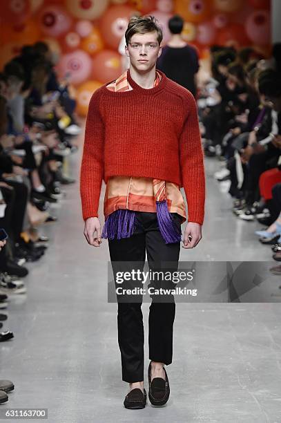 Model walks the runway at the Katie Eary Autumn Winter 2017 fashion show during London Menswear Fashion Week on January 7, 2017 in London, United...