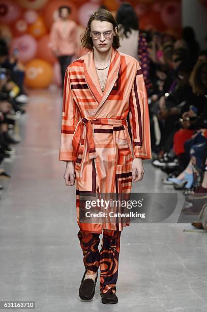 Model walks the runway at the Katie Eary Autumn Winter 2017 fashion show during London Menswear Fashion Week on January 7, 2017 in London, United...