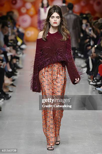 Model walks the runway at the Katie Eary Autumn Winter 2017 fashion show during London Menswear Fashion Week on January 7, 2017 in London, United...