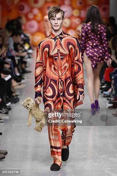 Model walks the runway at the Katie Eary Autumn Winter 2017 fashion show during London Menswear Fashion Week on January 7, 2017 in London, United...