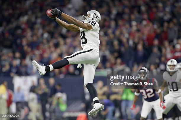 Andre Holmes of the Oakland Raiders makes a reception against the Houston Texans in the AFC Wild Card game at NRG Stadium on January 7, 2017 in...