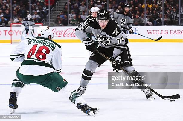 Tanner Pearson of the Los Angeles Kings winds up for a shot against Jared Spurgeon of the Minnesota Wild during the game on January 7, 2017 at...
