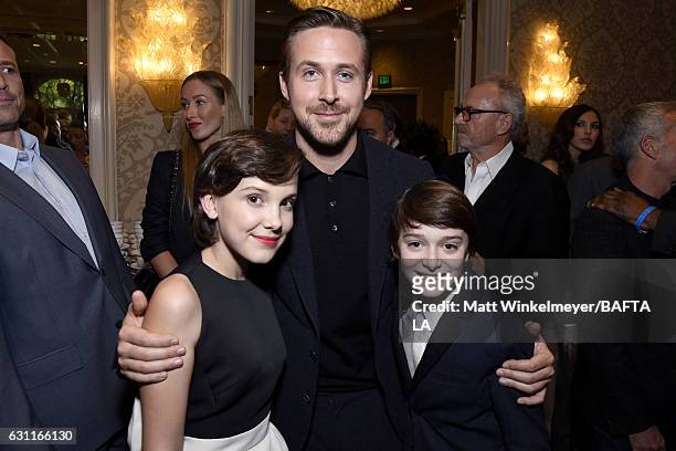 Actors Millie Bobby Brown, Ryan Gosling and Noah Schnapp attend The BAFTA Tea Party at Four Seasons Hotel Los Angeles at Beverly Hills on January 7,...