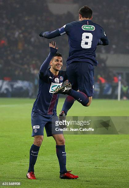 Thiago Motta of PSG celebrates his goal with Hatem Ben Arfa during the French Cup match between Paris Saint-Germain and SC Bastia at Parc des Princes...