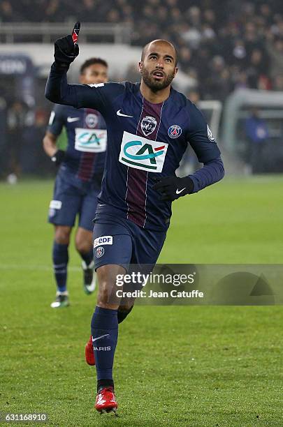 Lucas Moura of PSG celebrates his goal during the French Cup match between Paris Saint-Germain and SC Bastia at Parc des Princes on January 7, 2017...