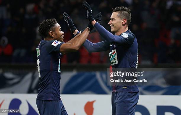 Julian Draxler of PSG celebrates his goal with Christopher Nkunku during the French Cup match between Paris Saint-Germain and SC Bastia at Parc des...