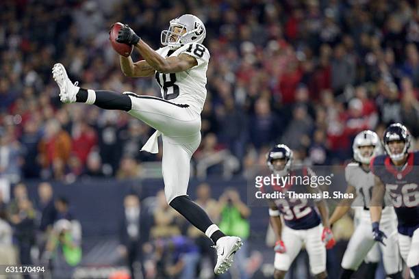 Andre Holmes of the Oakland Raiders makes a reception against the Houston Texans in the AFC Wild Card game at NRG Stadium on January 7, 2017 in...