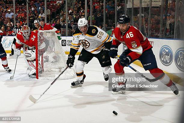 Jakub Kindl of the Florida Panthers skates for possession against Tim Schaller of the Boston Bruins during second period action at the BB&T Center on...